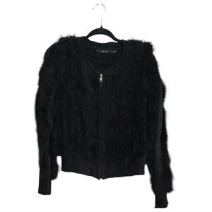 Ark & Co Black Eyelash Plume Zip Up Wool Blend Sweater